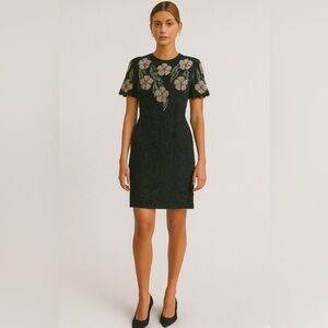 Vintage SCALA 100% Silk Fully Beaded Floral Midi Dress Formal Cocktail Large